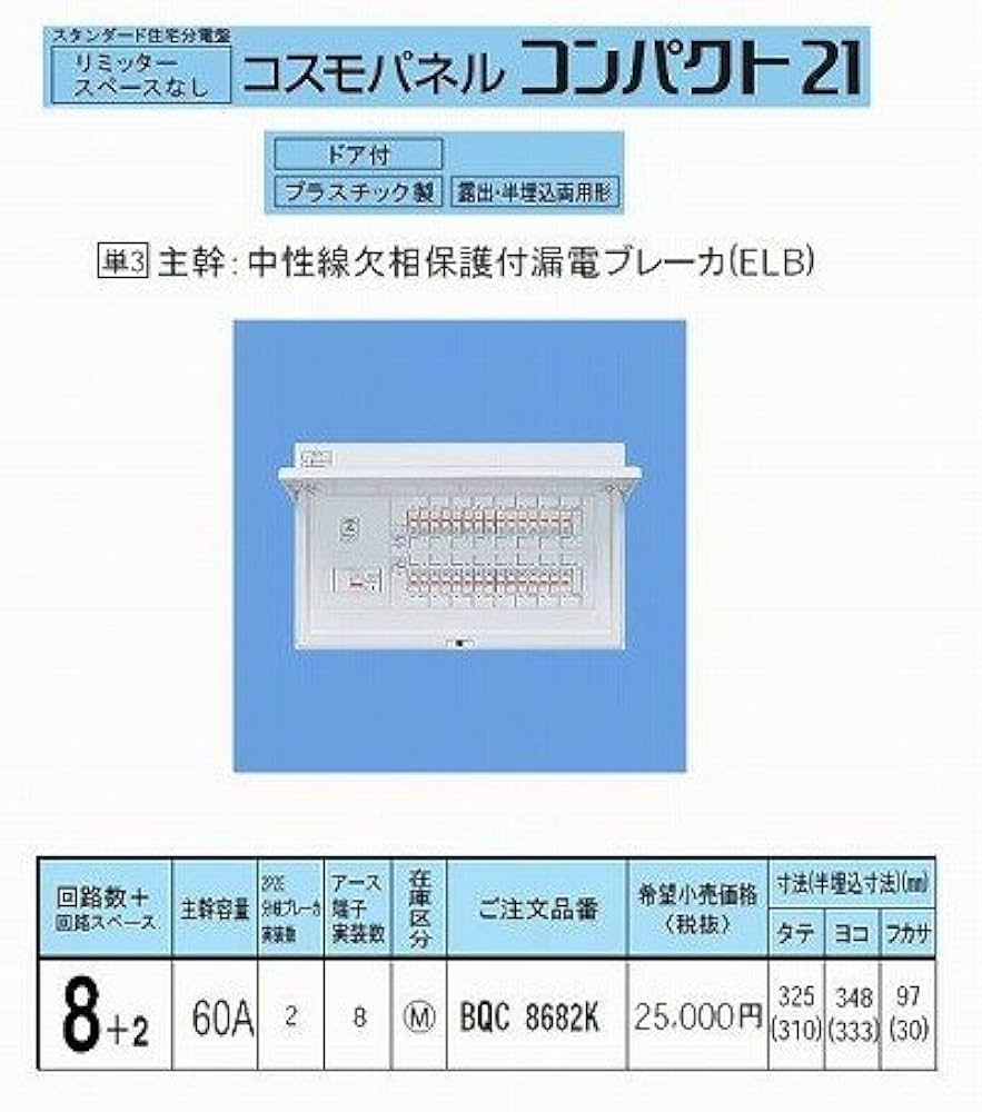 Panasonic コスモパネル BQR 8682 住宅分電盤 パナソニック BQR8682 住宅分電盤 コスモパネル 標準タイプ